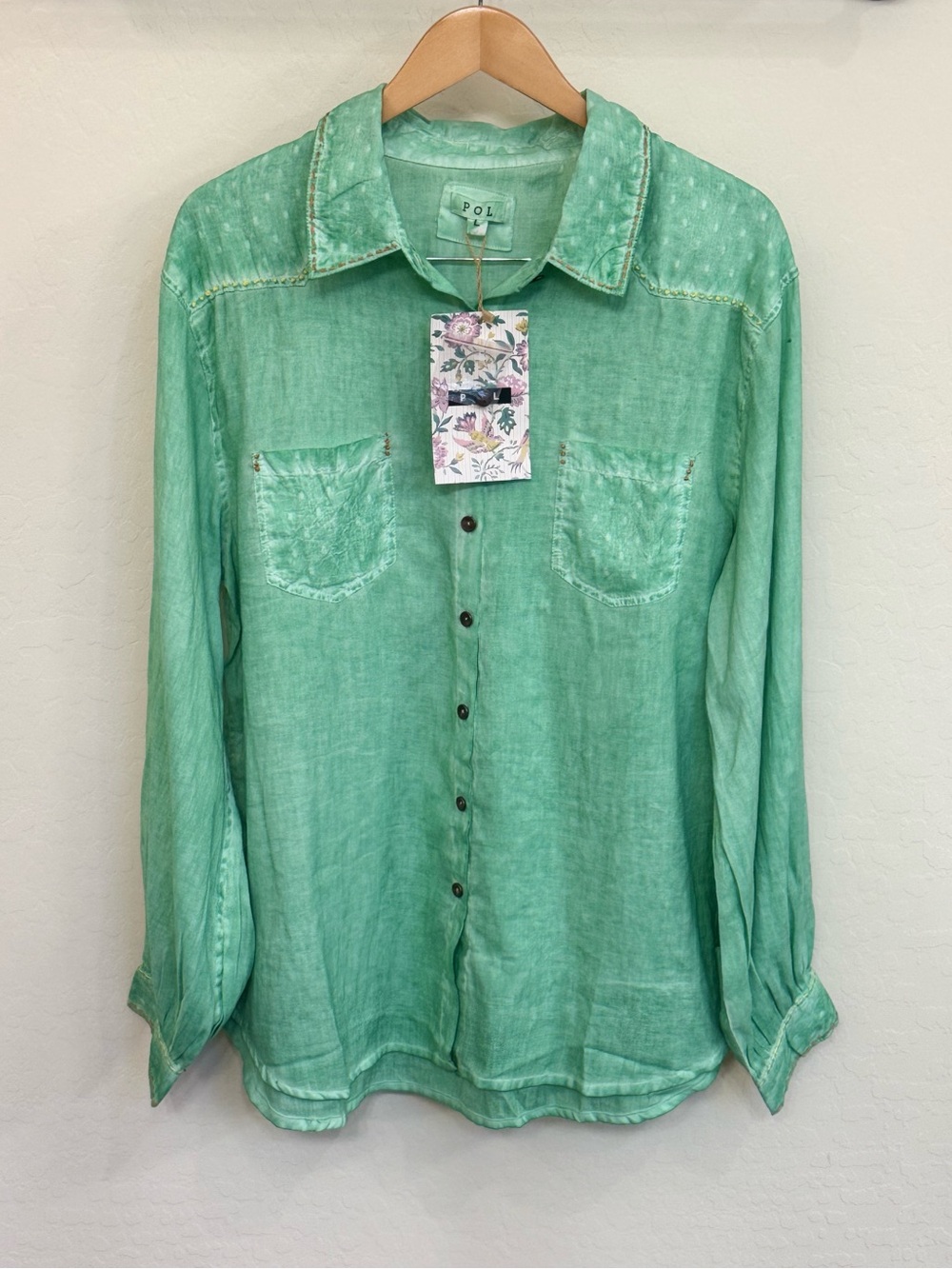 POL Clothing NWT Mint Green 100% Cotton Textured Dotted Button-Down Shirt Size L